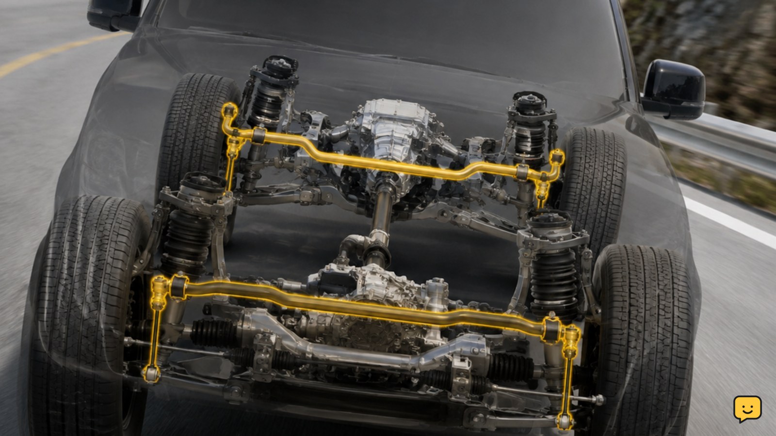 Diagram of a Land Rover-style chassis cornering with body roll controlled by an active anti-roll system