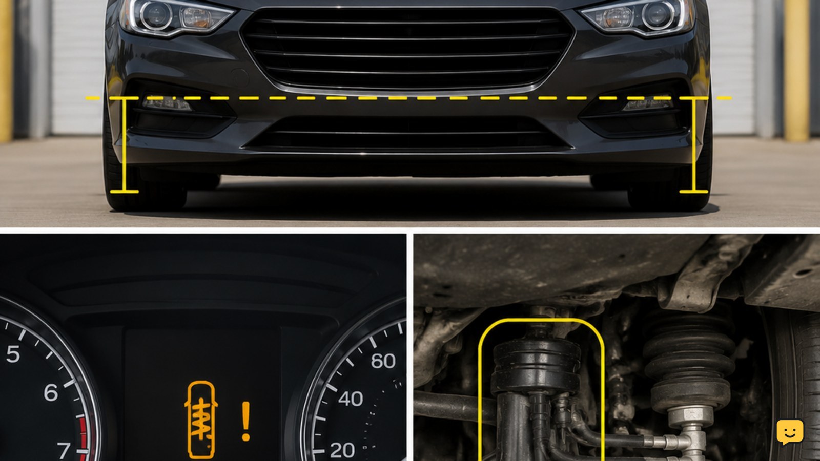 Safe visual inspection of a vehicle with checks at the ride height, dashboard warning display, and visible suspension fluid areas