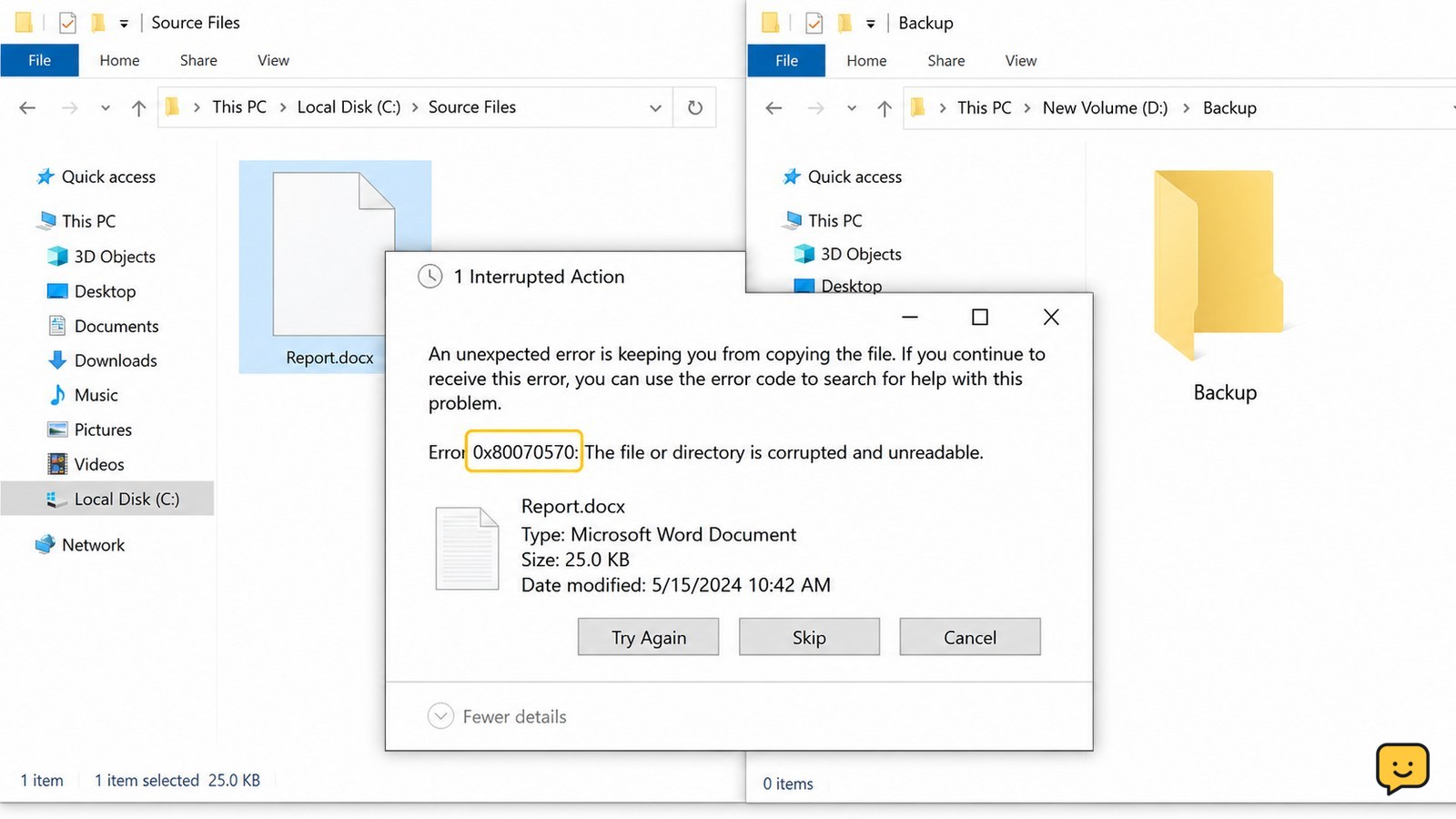 Windows File Explorer shows an unexpected error while copying a file, with the source and destination folders visible