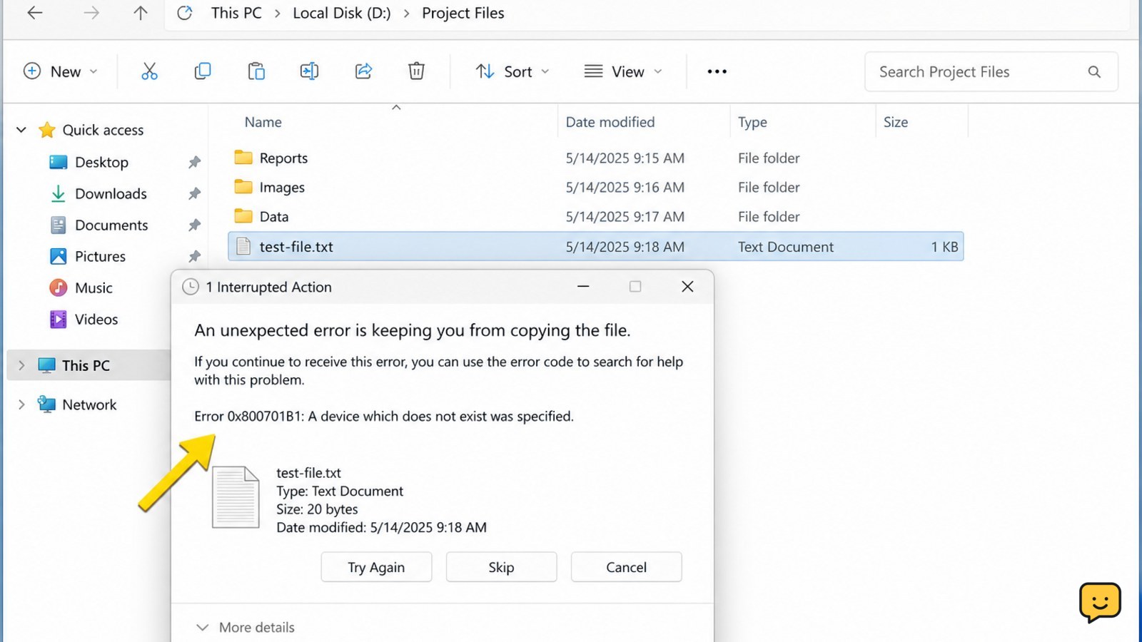 Windows copy error dialog with the error code area highlighted and a small test file selected in File Explorer