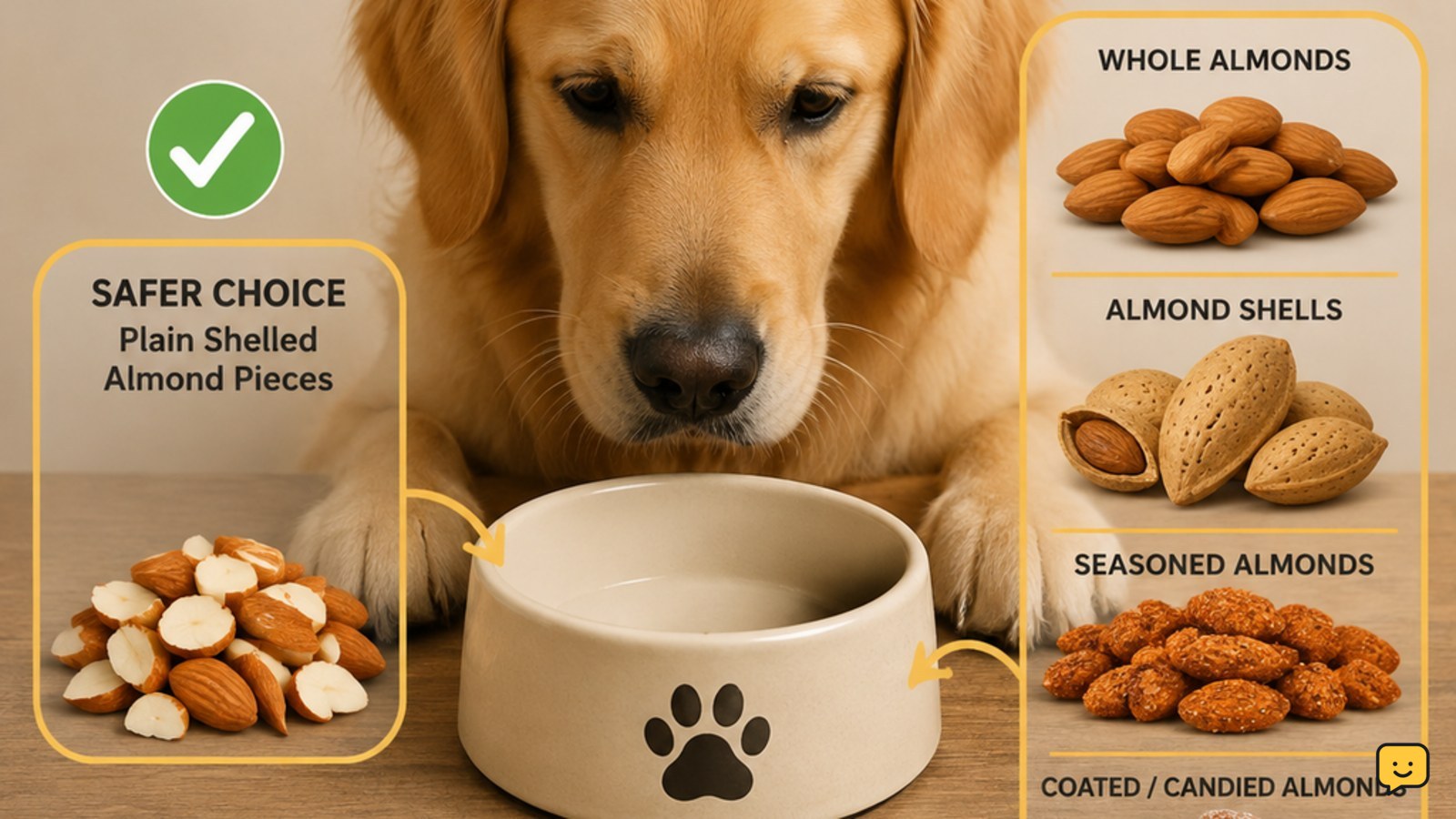 Plain shelled almond pieces beside whole almonds, shells, and seasoned almond products marked for avoidance around a dog treat bowl
