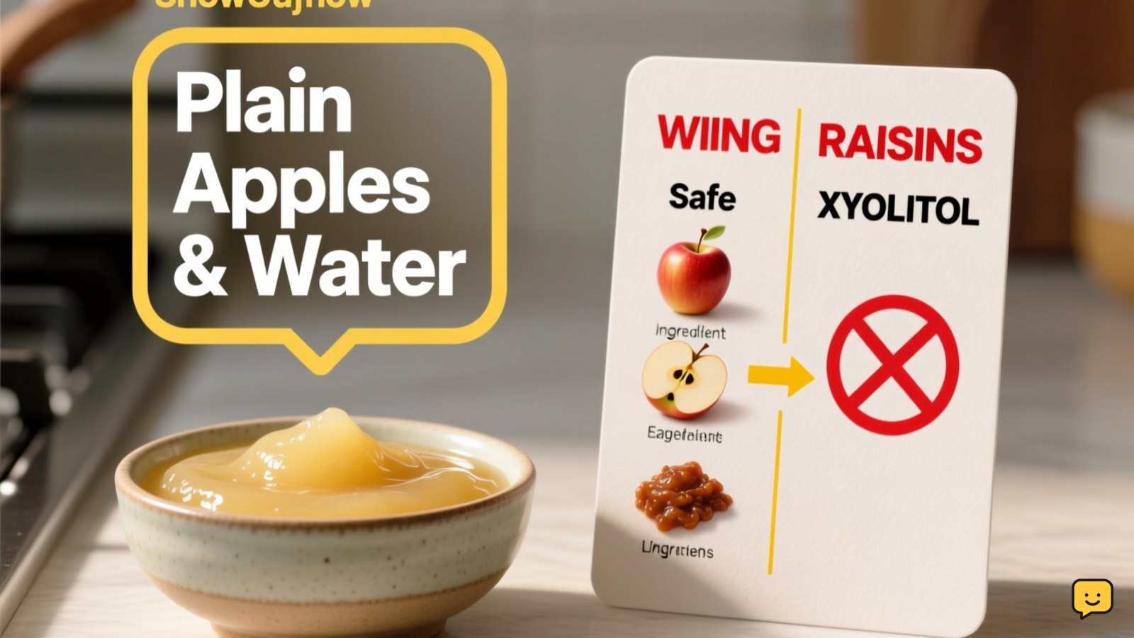 Plain unsweetened applesauce beside a label warning against raisins and sugar-free sweeteners for dogs