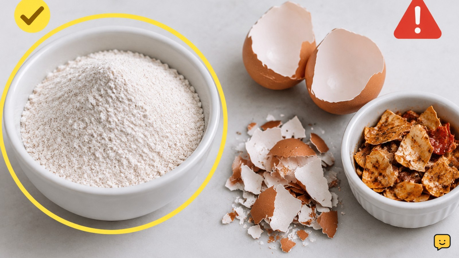 A bowl of finely powdered heat-treated eggshell beside discarded whole and seasoned shell fragments, with a dog-safe preparation comparison.