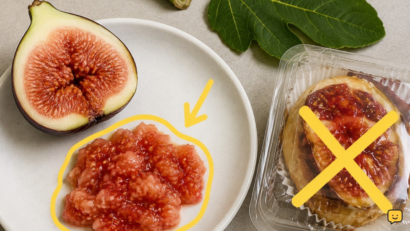 Plain fresh fig flesh prepared as a small dog treat beside a removed stem, fig leaf, and packaged fig dessert marked as not for dogs