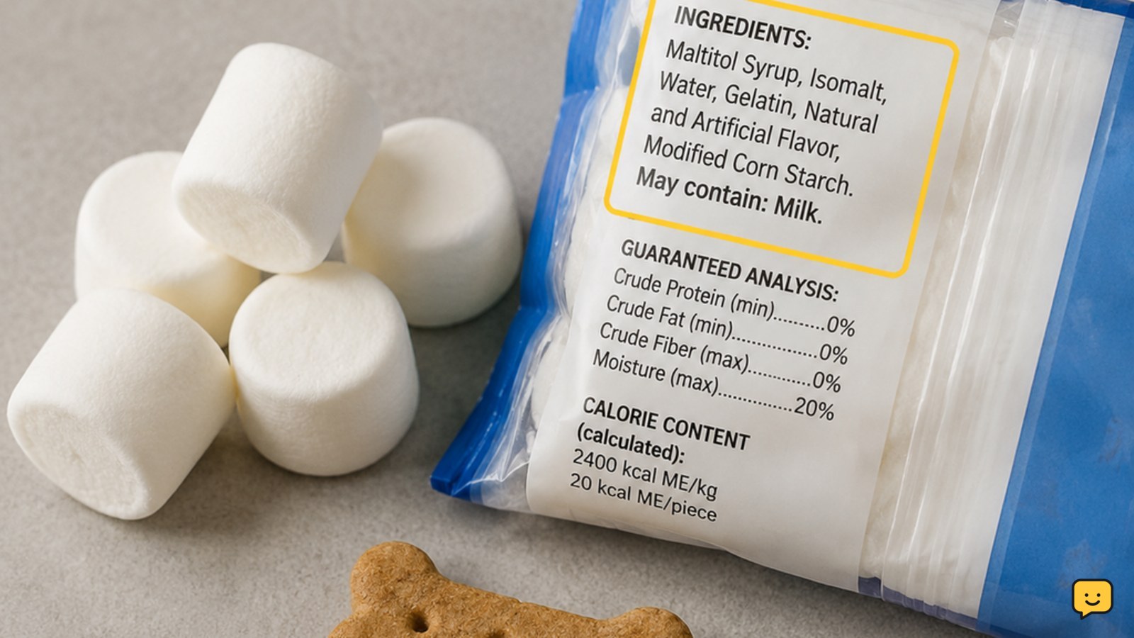 Plain marshmallows beside a dog-safe treat and a turned-over package ready for an ingredient check
