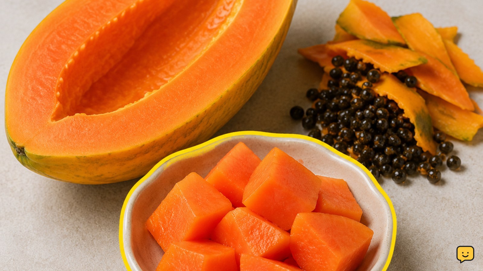 Peeled ripe papaya pieces with the seeds and rind removed, prepared as a small dog treat