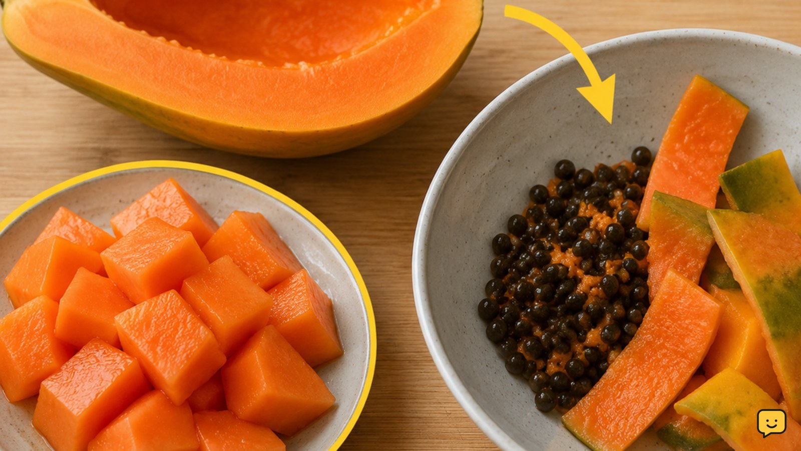 Papaya preparation comparison showing peeled flesh to serve and seeds and rind to discard