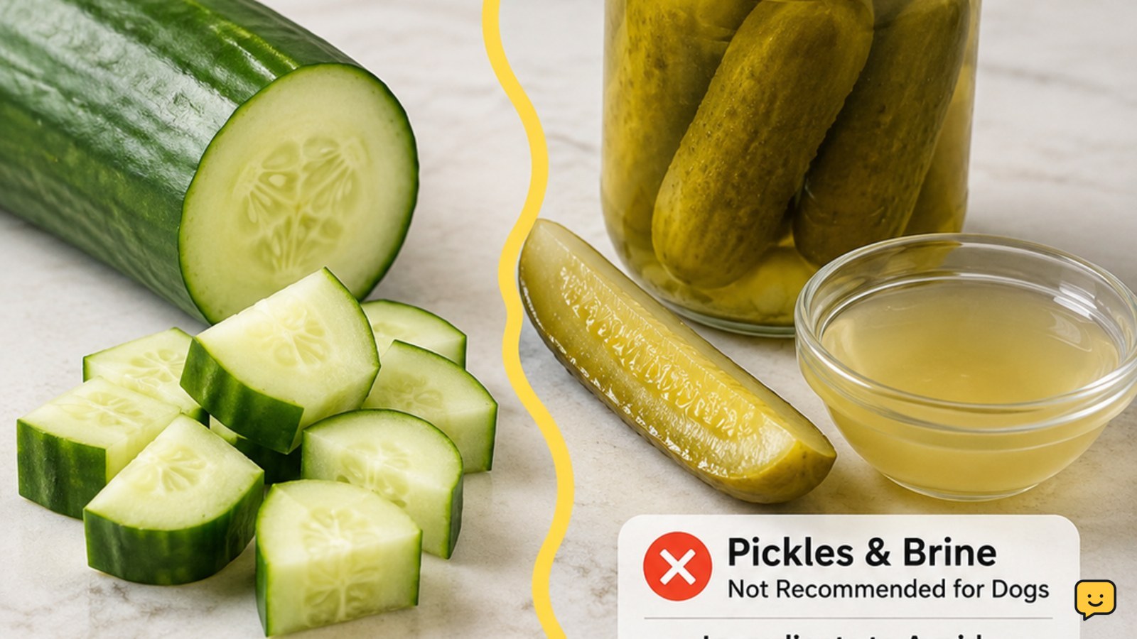Plain cucumber pieces beside pickles and a jar of pickle brine, showing the safer choice for dogs