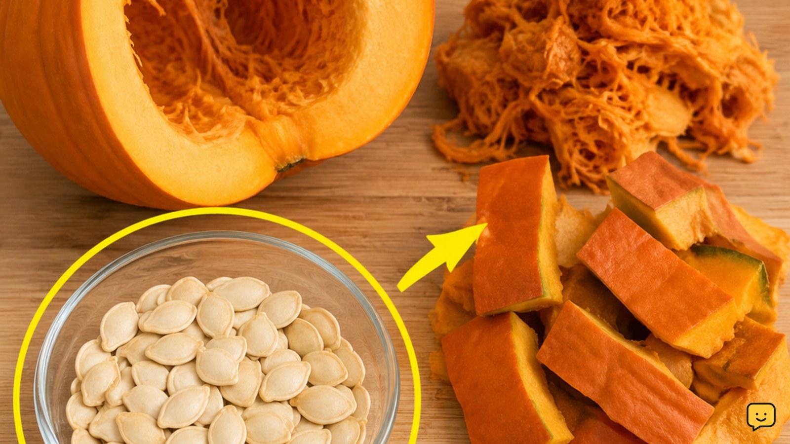 Plain pumpkin seeds in a small dish beside a cut pumpkin with the rind and stringy pulp clearly separated