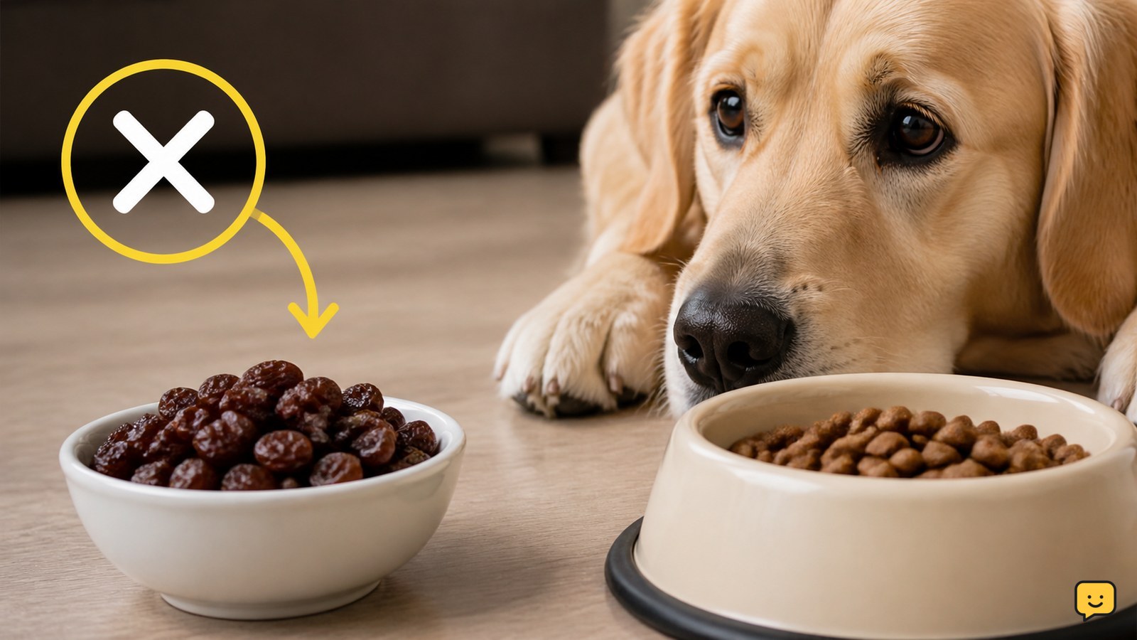 Bowl of raisins beside a dog’s food bowl with a clear do-not-feed safety cue