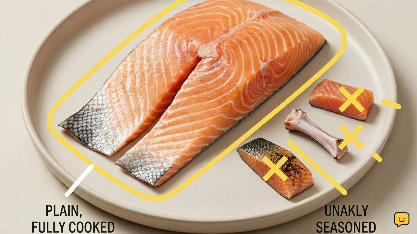 Plain cooked boneless salmon skin beside raw, smoked, seasoned, and bony salmon portions marked as choices to avoid