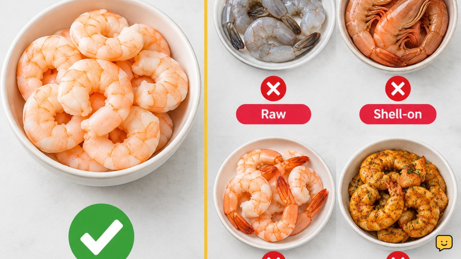 Plain cooked peeled shrimp separated from raw, shell-on, and seasoned shrimp