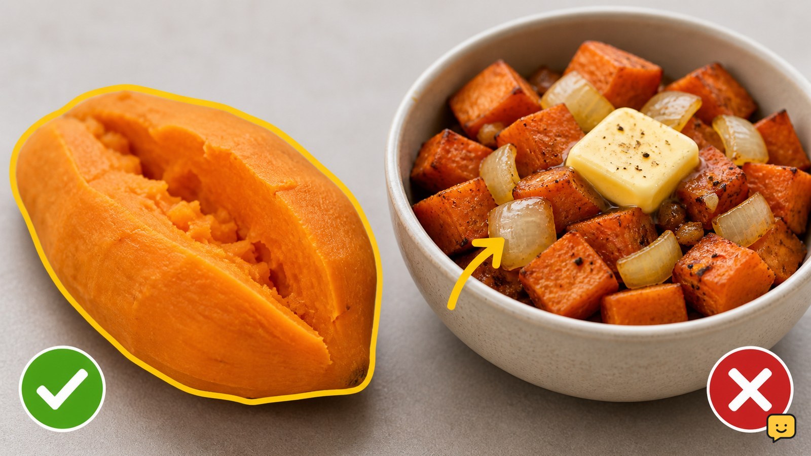 Plain peeled cooked sweet potato beside seasoned sweet potato with onion and butter
