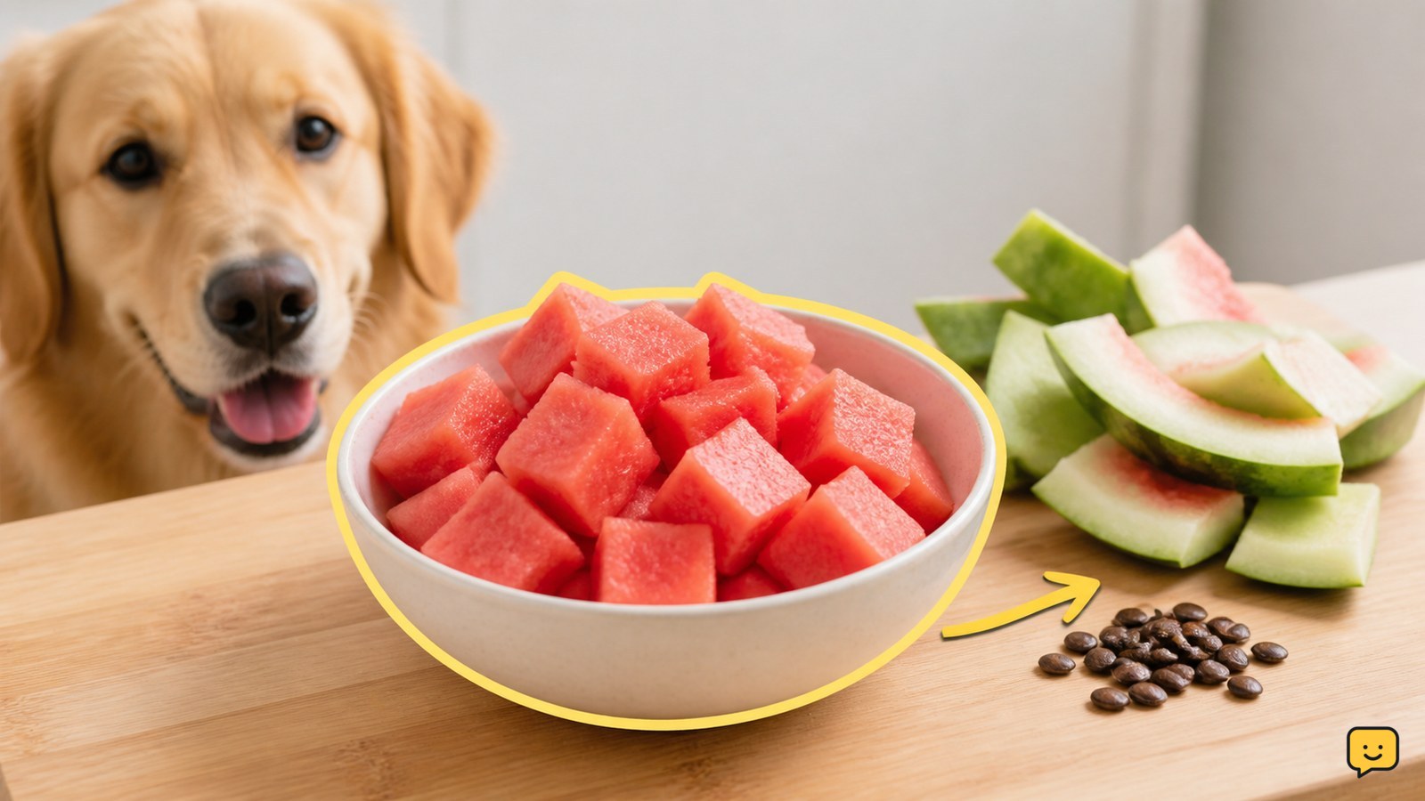 A dog-safe portion of plain watermelon flesh beside removed rind and seeds