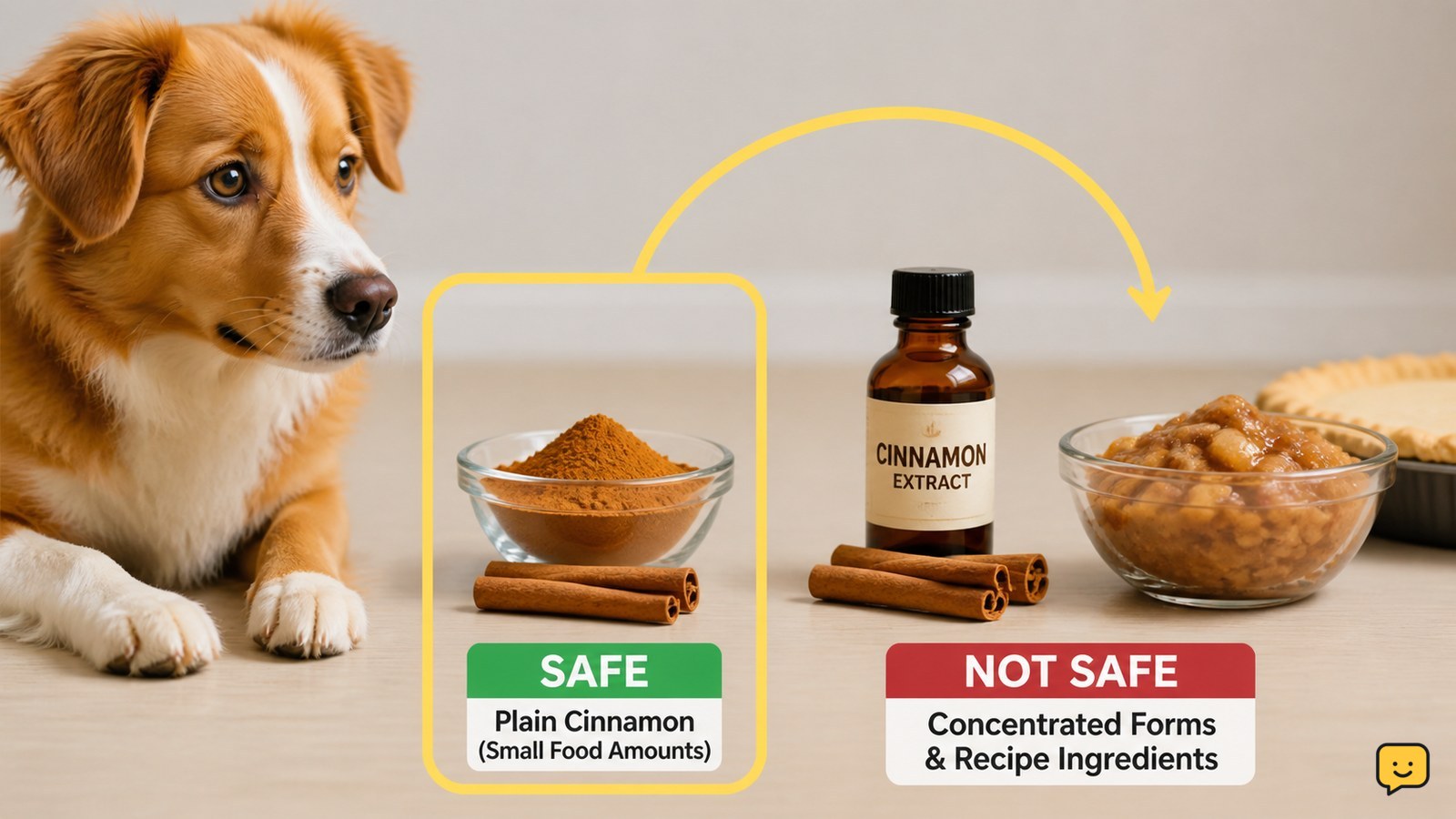 A dog beside a small bowl of plain cinnamon and labeled cinnamon products kept out of reach