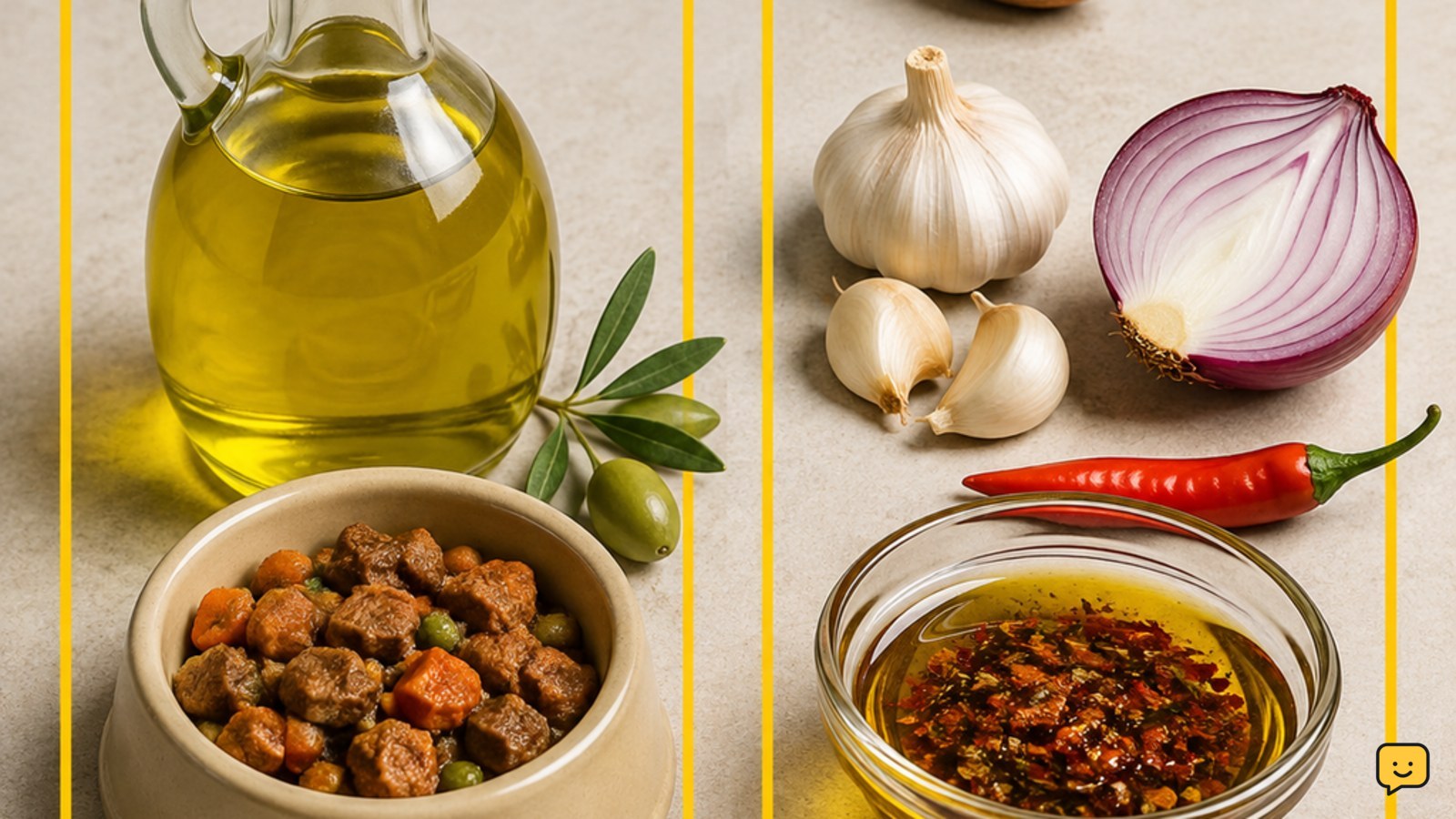 Plain olive oil beside a dog-safe food bowl, with a separate olive pit and seasoned oil ingredients shown as items to avoid