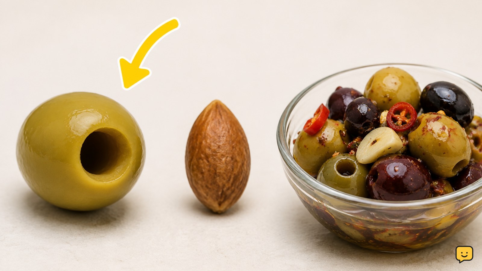 Pitted plain olive separated from an olive pit and a seasoned olive mixture containing garlic and chili