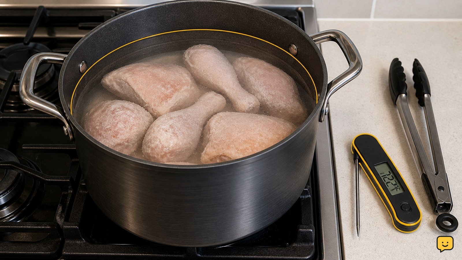 Frozen chicken pieces simmering in a deep pot of water with a food thermometer nearby