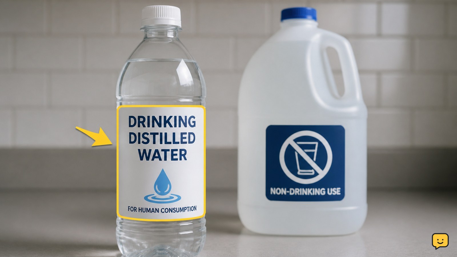 Sealed drinking distilled water bottle beside a separate non-drinking-use water container