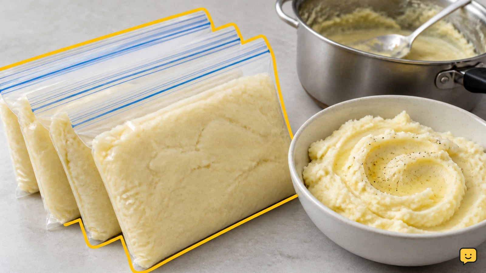 Portioned mashed potatoes in freezer bags beside a reheated bowl