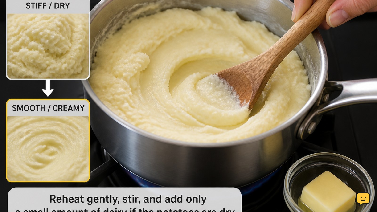 Thawed mashed potatoes being stirred gently in a saucepan with a small amount of butter