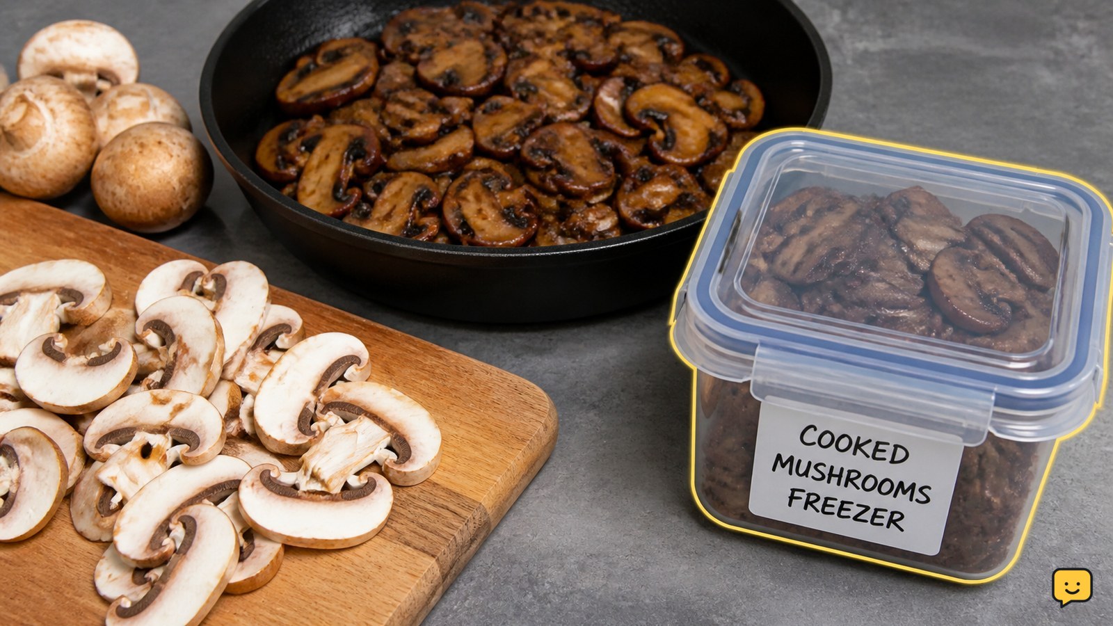 Sliced cooked mushrooms beside a labeled airtight freezer container