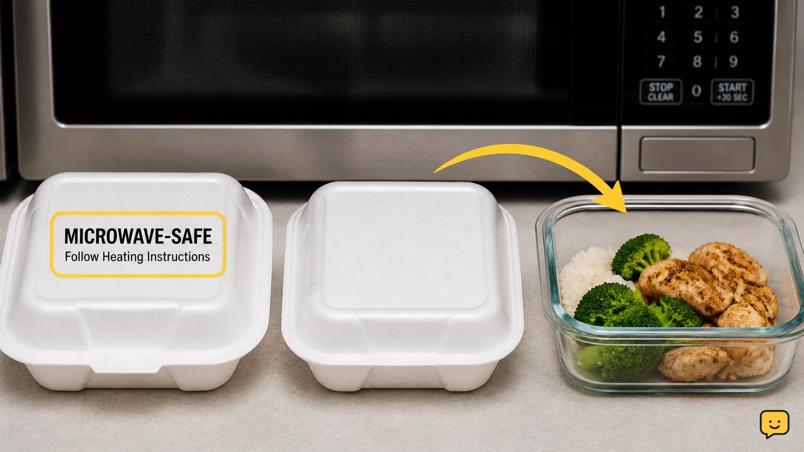 Labeled and unmarked foam food containers beside a microwave-safe glass dish