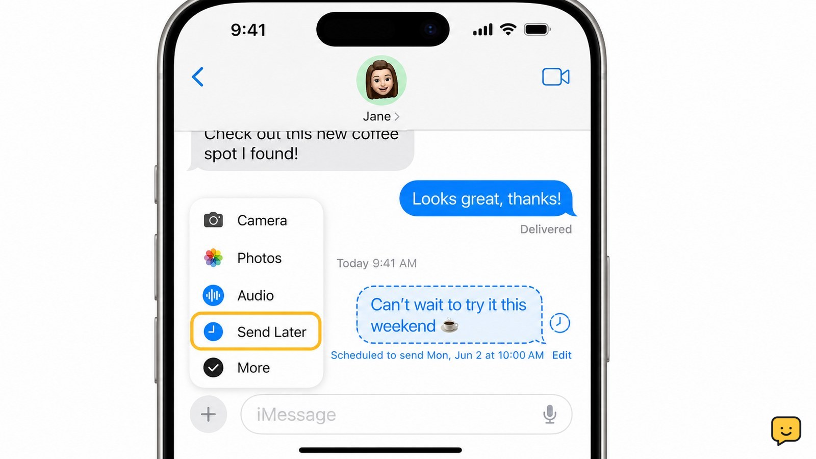 iPhone Messages conversation showing Send Later and a pending scheduled message