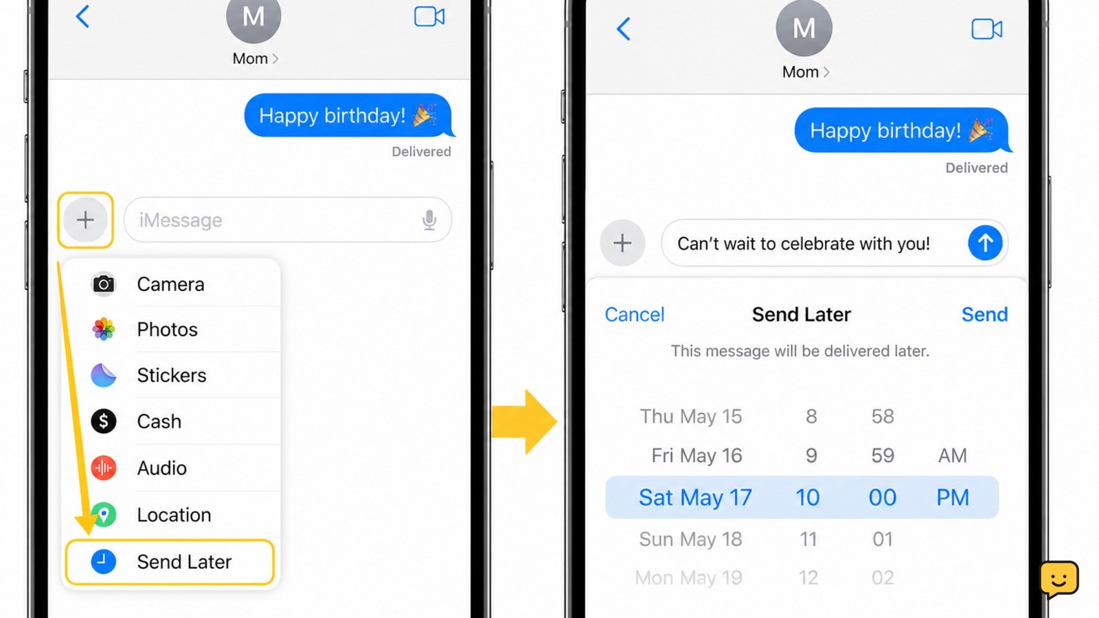 iPhone Messages plus menu open with Send Later selected and the scheduling date-and-time picker visible