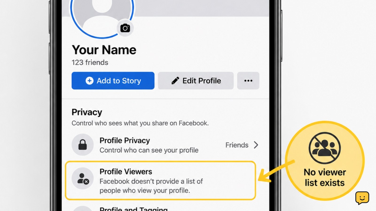Facebook profile privacy screen with no profile viewer list and official privacy controls visible