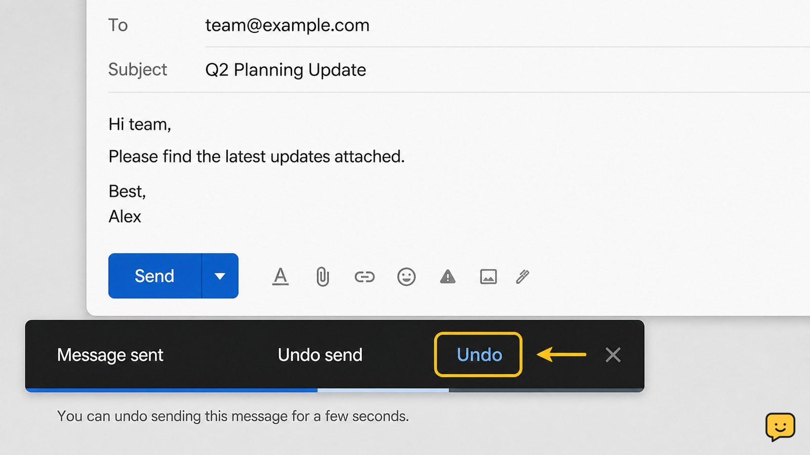 Email send confirmation with an Undo control highlighted before the send window expires.