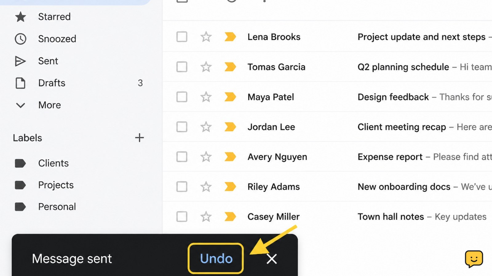 Gmail browser window with the lower-left Message sent notice and Undo control highlighted.