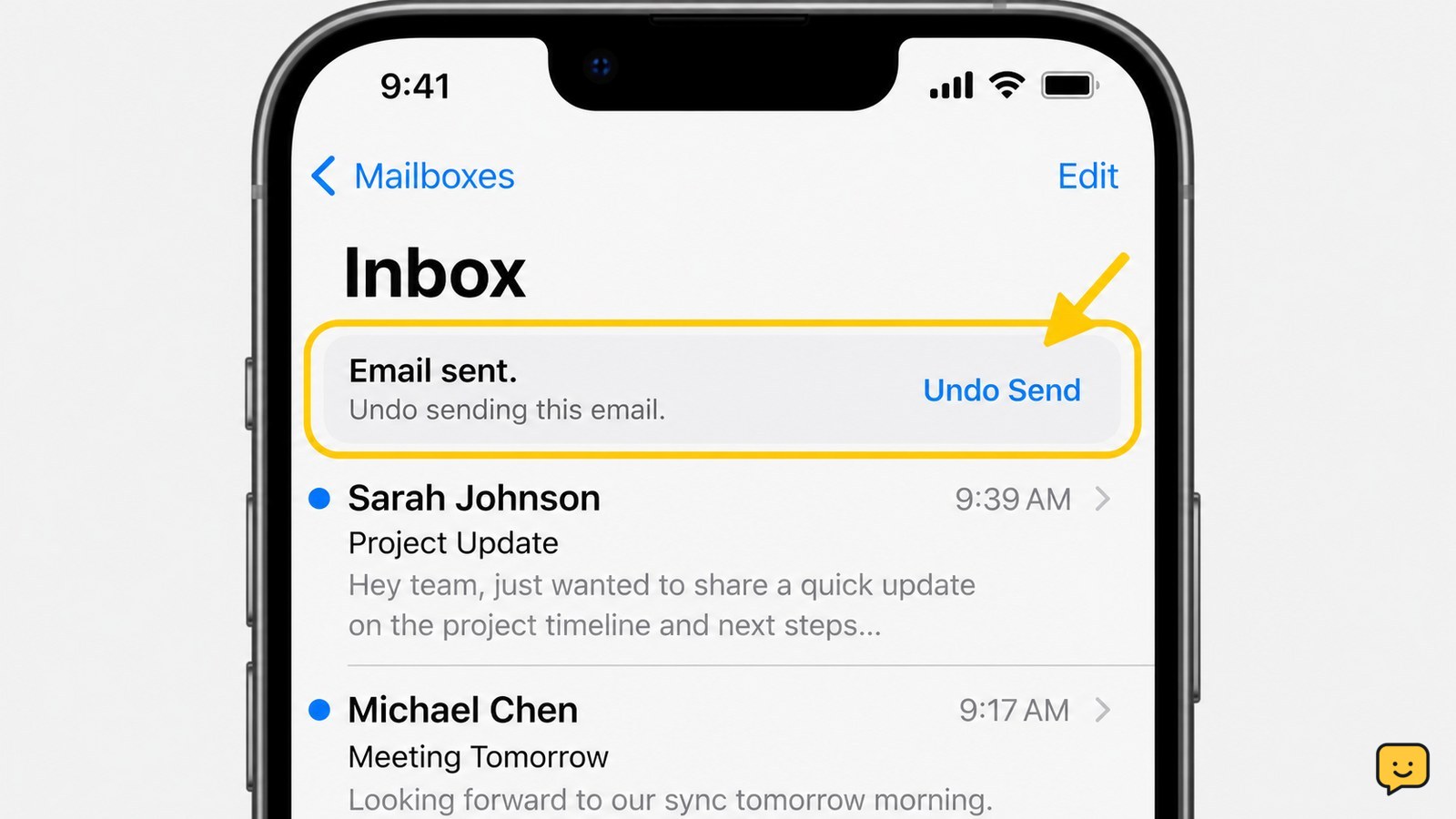 iPhone Mail inbox with Undo Send at the top highlighted.