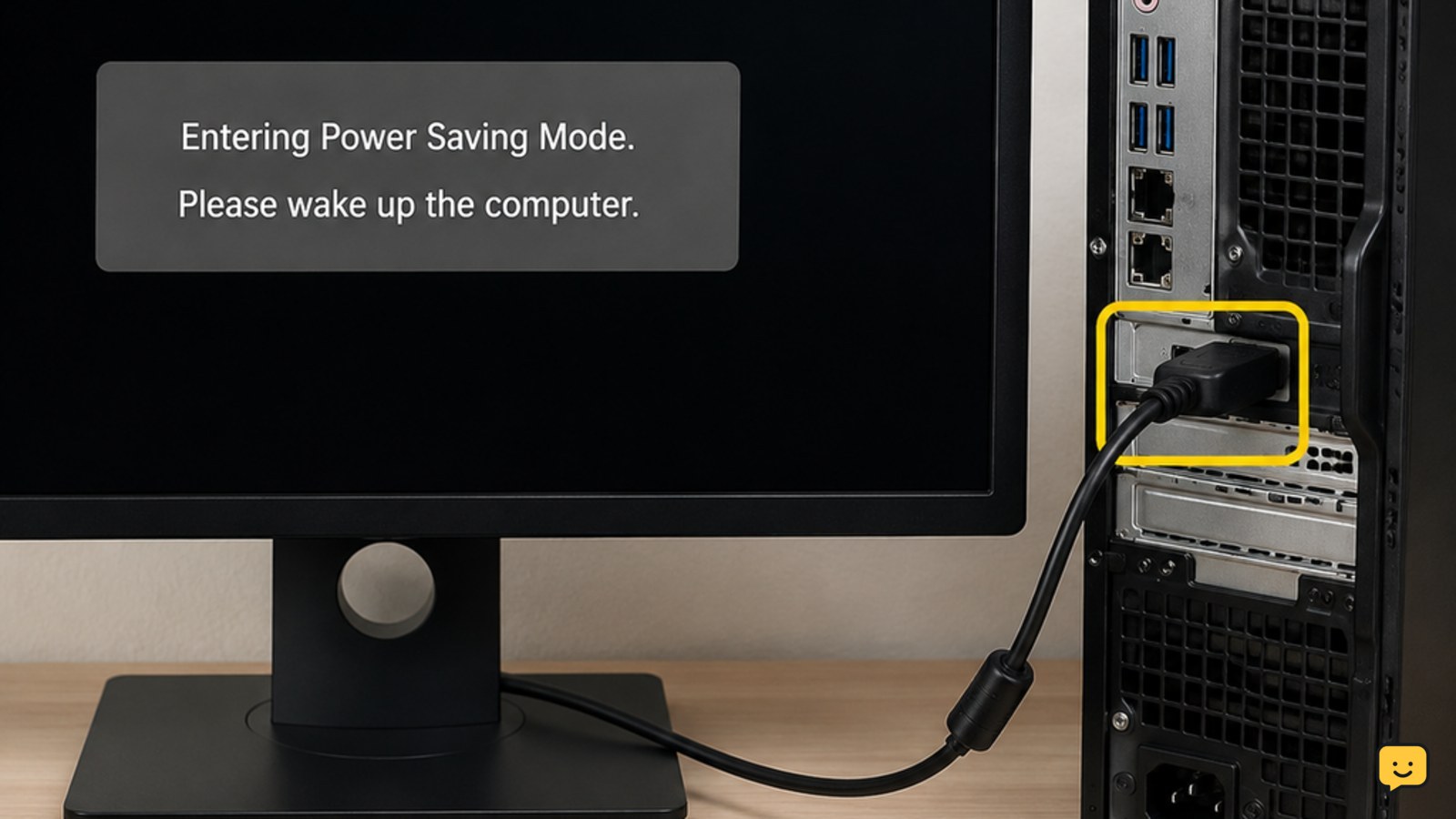 Dell desktop monitor displaying an entering power saving mode message with a connected video cable highlighted