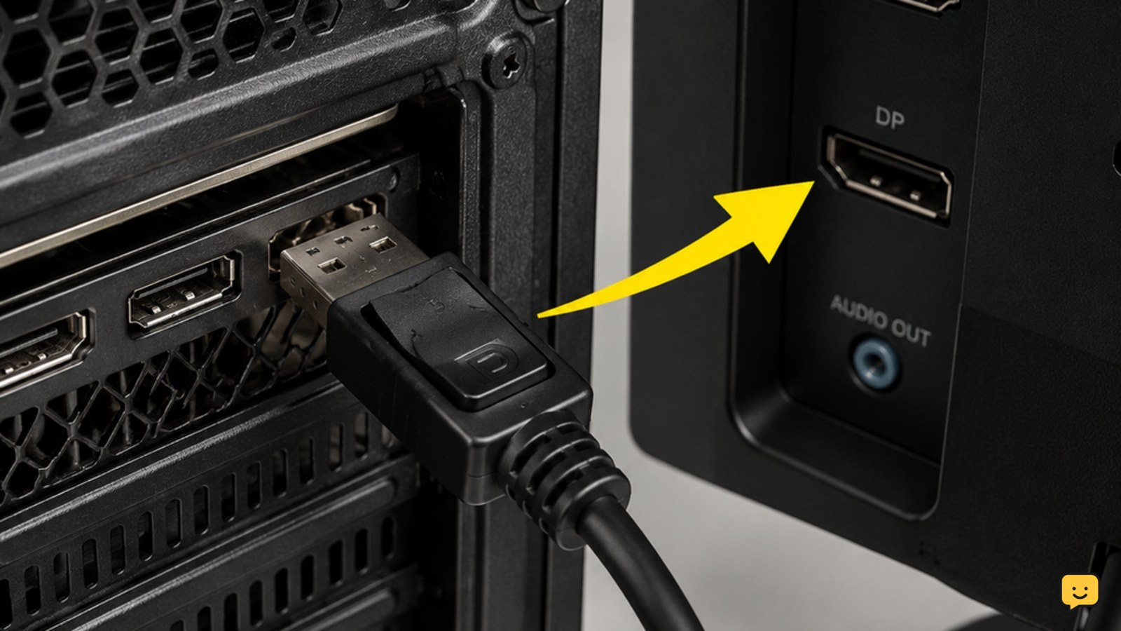 Close view of a DisplayPort cable firmly connected to a desktop graphics card and monitor input
