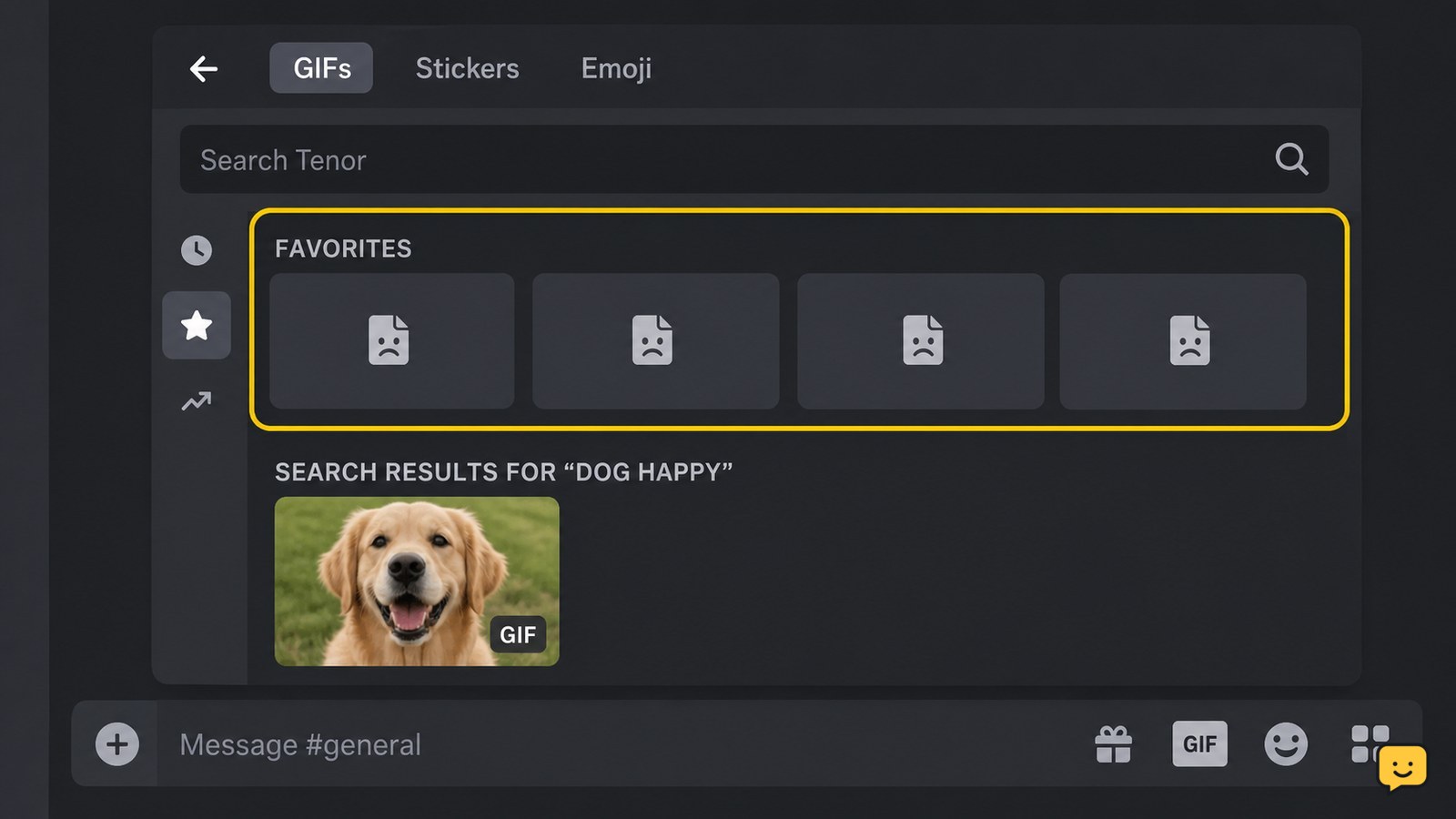 Discord GIF picker showing an empty or unloaded Favorites area