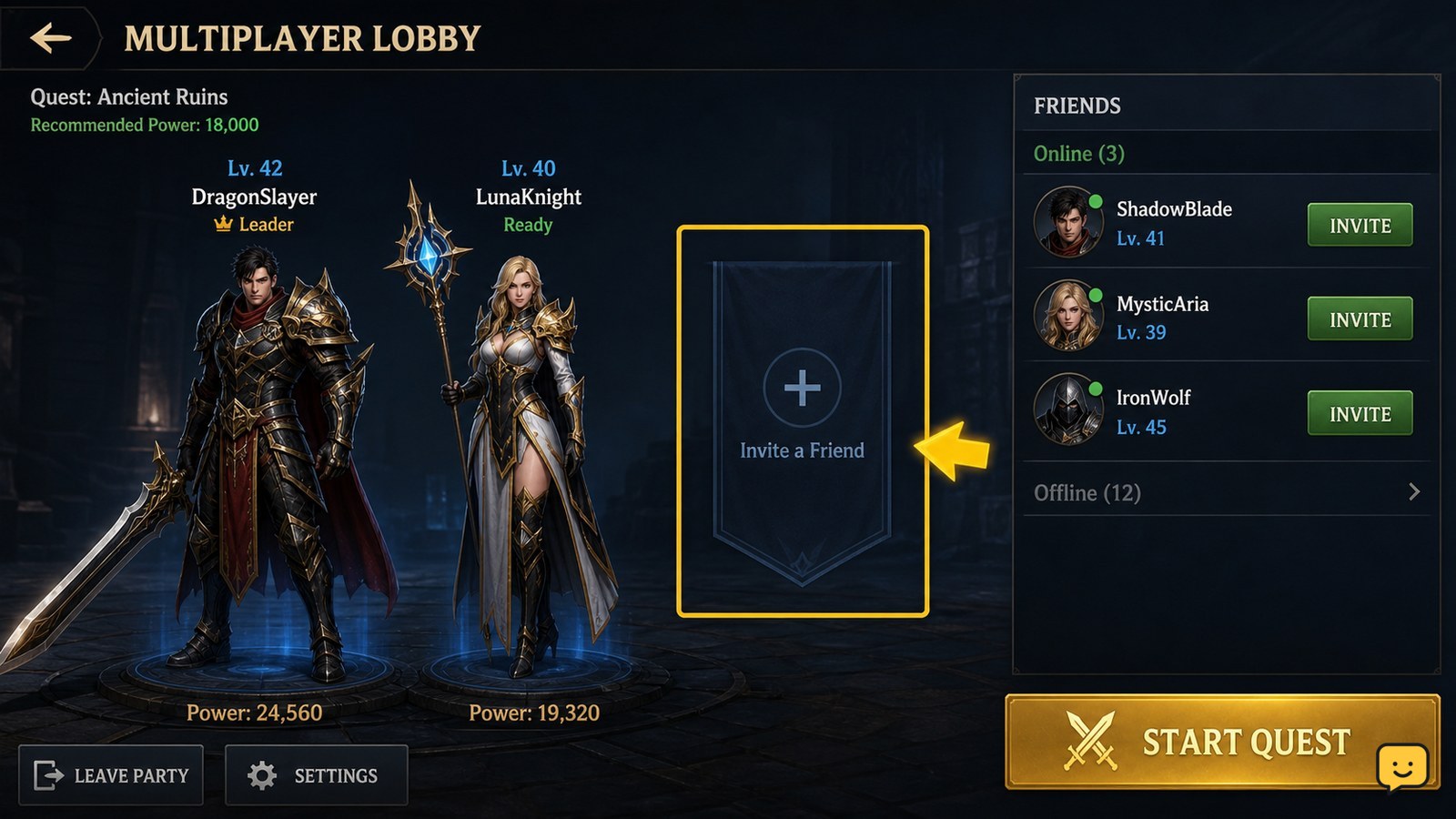 Dragon Sword Awakening multiplayer lobby with friend invitation controls visible