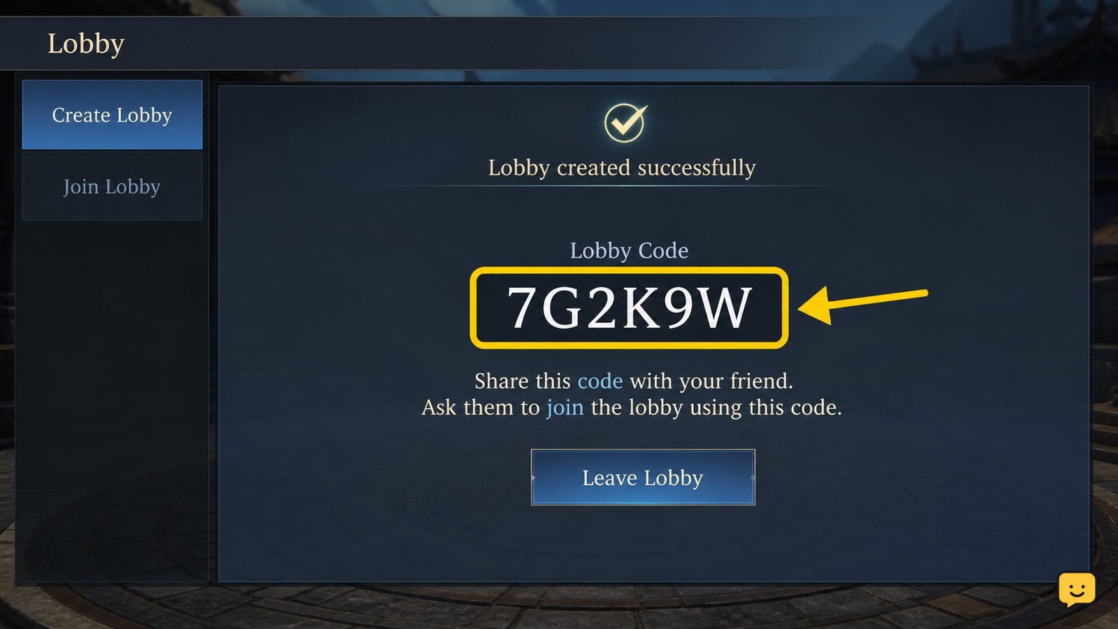 Dragon Sword Awakening Create Lobby screen displaying a lobby code