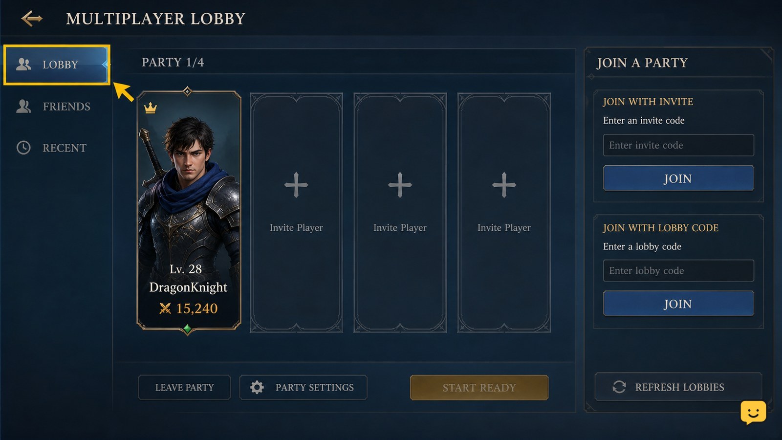 Dragon Sword Awakening multiplayer lobby showing a party roster and join controls