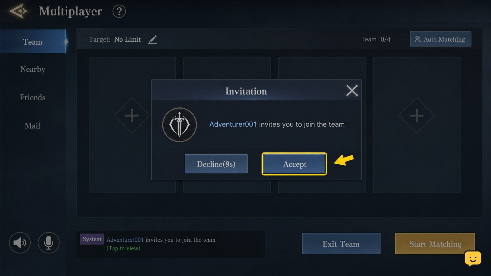 Dragon Sword Awakening party invitation displayed over the multiplayer screen