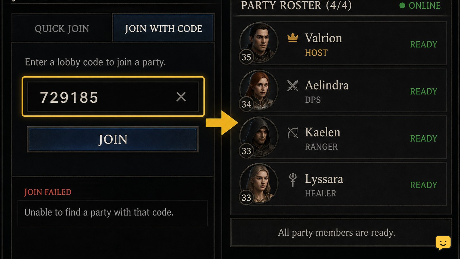 Dragon Sword Awakening lobby-code entry screen with the party roster loaded