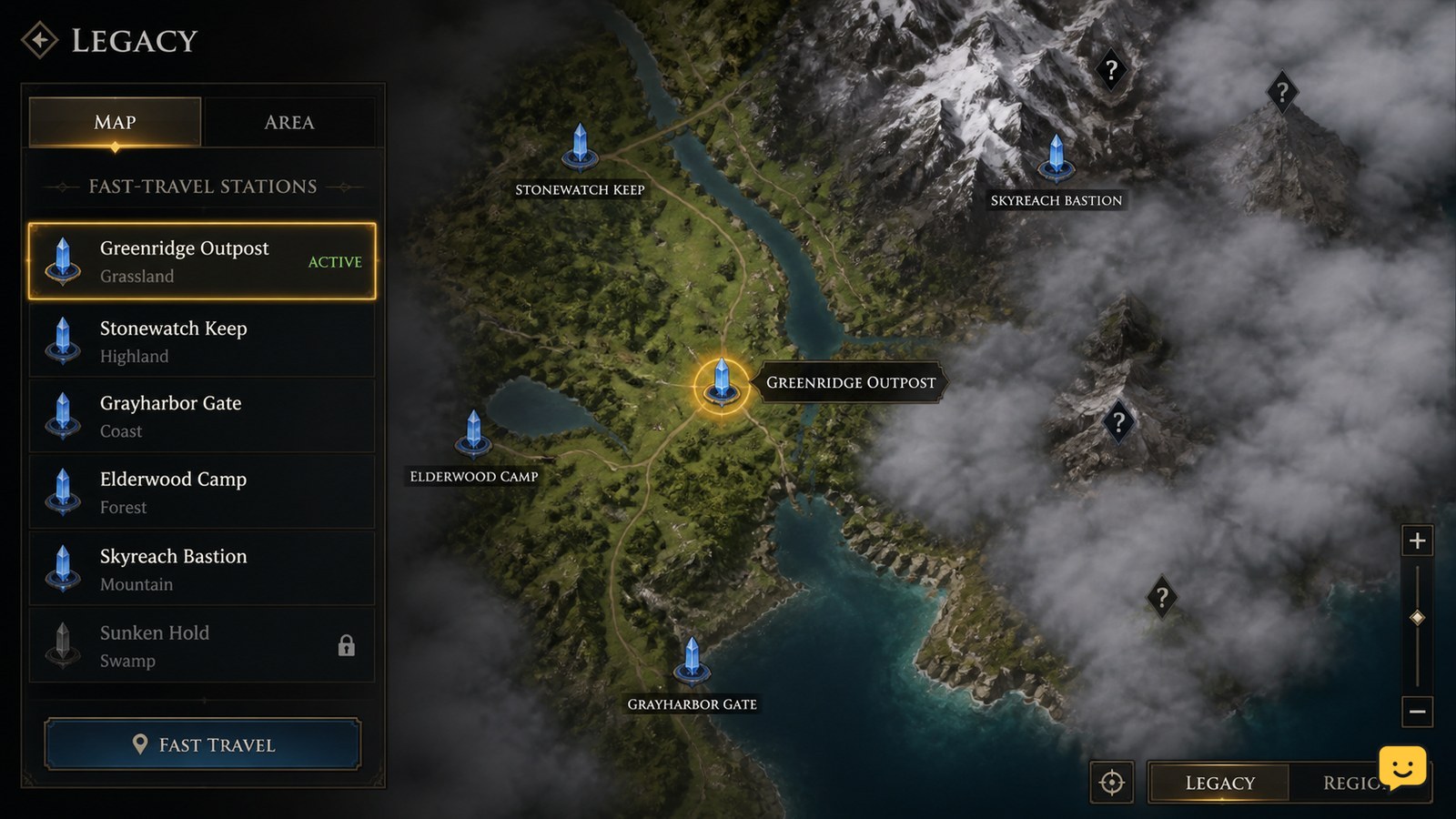 Dragon Sword Awakening Legacy map showing an active fast-travel station and nearby fog-covered regions
