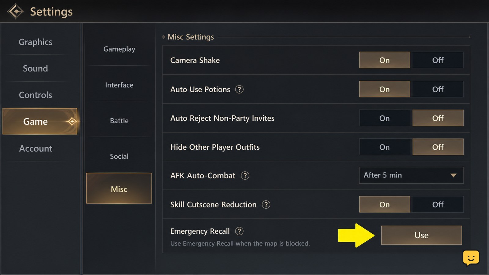 Dragon Sword Awakening Settings Game Misc menu with Emergency Recall visible