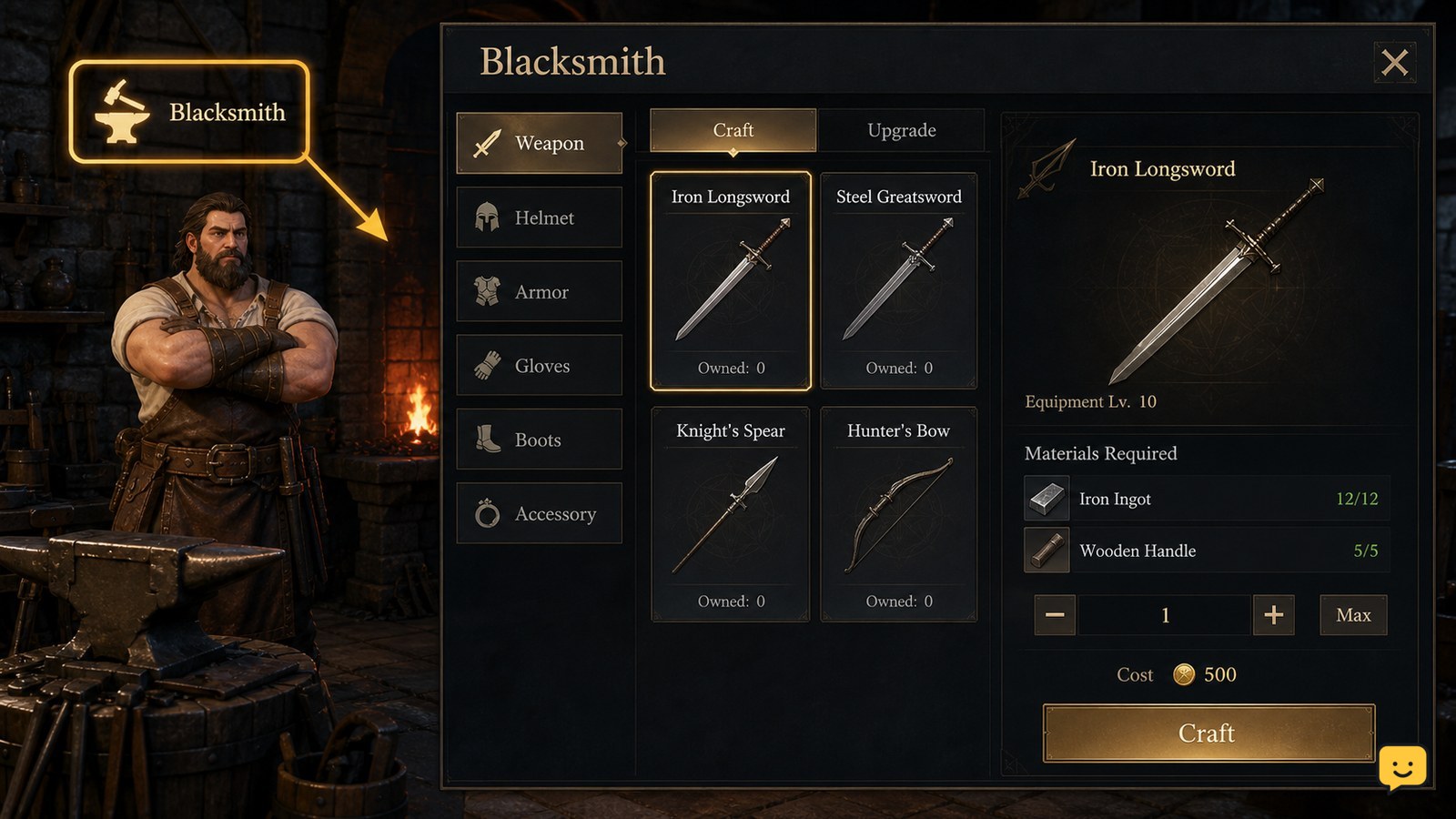Dragon Sword Awakening Blacksmith equipment-crafting interface