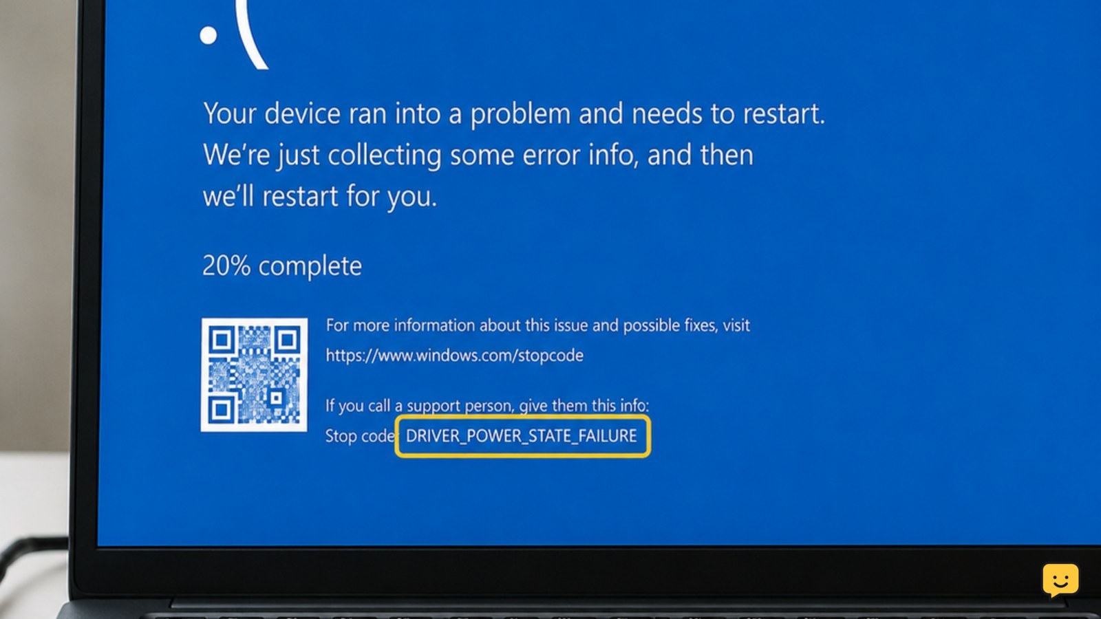 Windows blue screen displaying the DRIVER_POWER_STATE_FAILURE stop code on a laptop