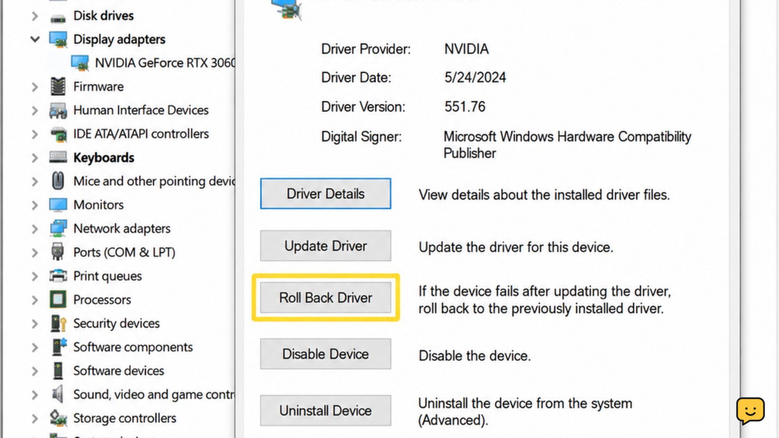 Windows Device Manager Properties window on the Driver tab with the Roll Back Driver button highlighted