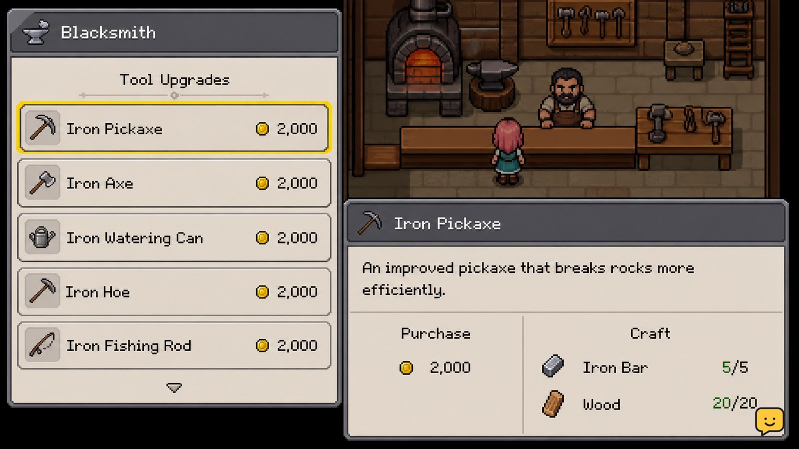 Fields of Mistria blacksmith shop with tool upgrade options visible