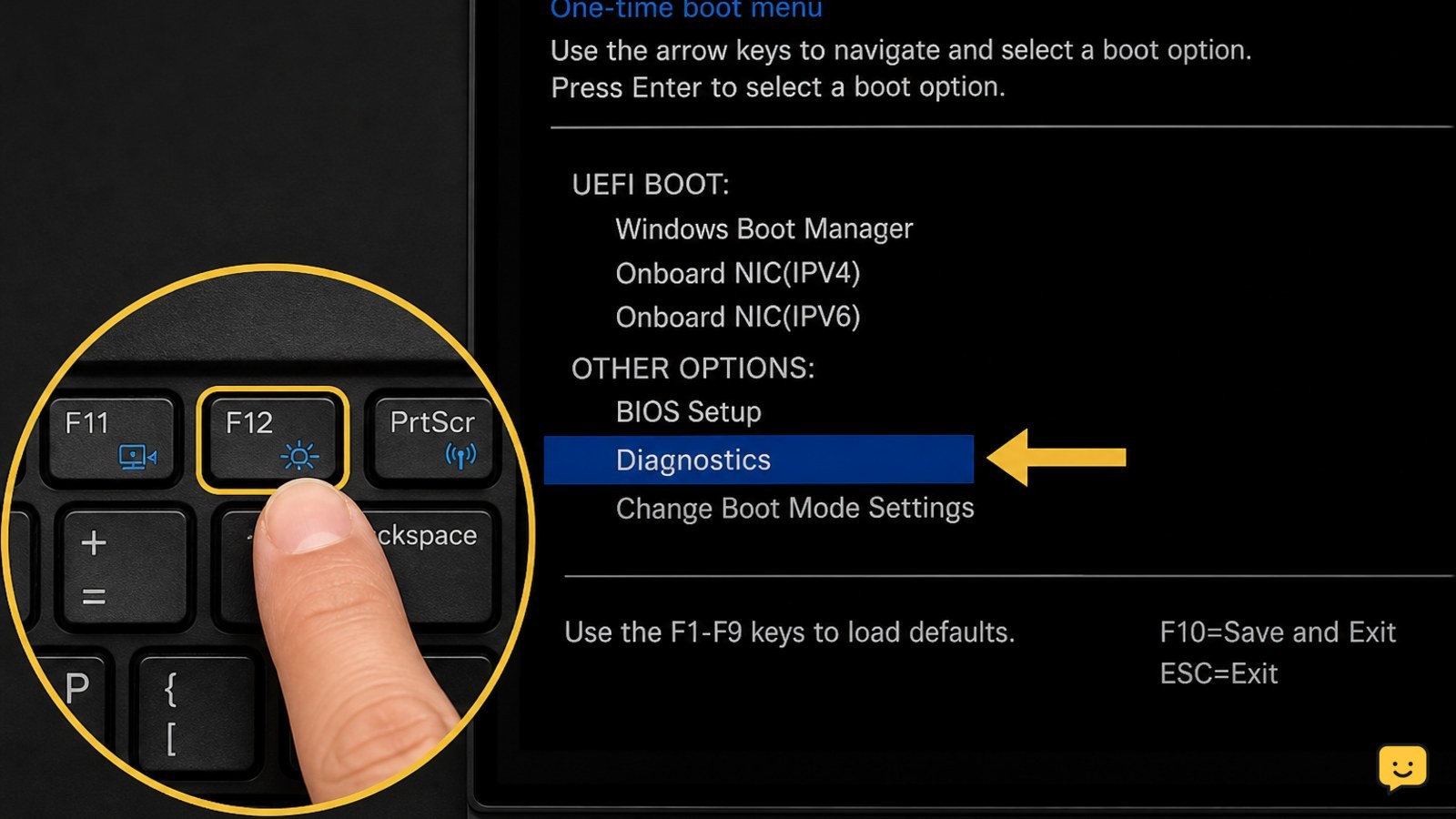 Dell one-time boot menu with Diagnostics selected after pressing F12