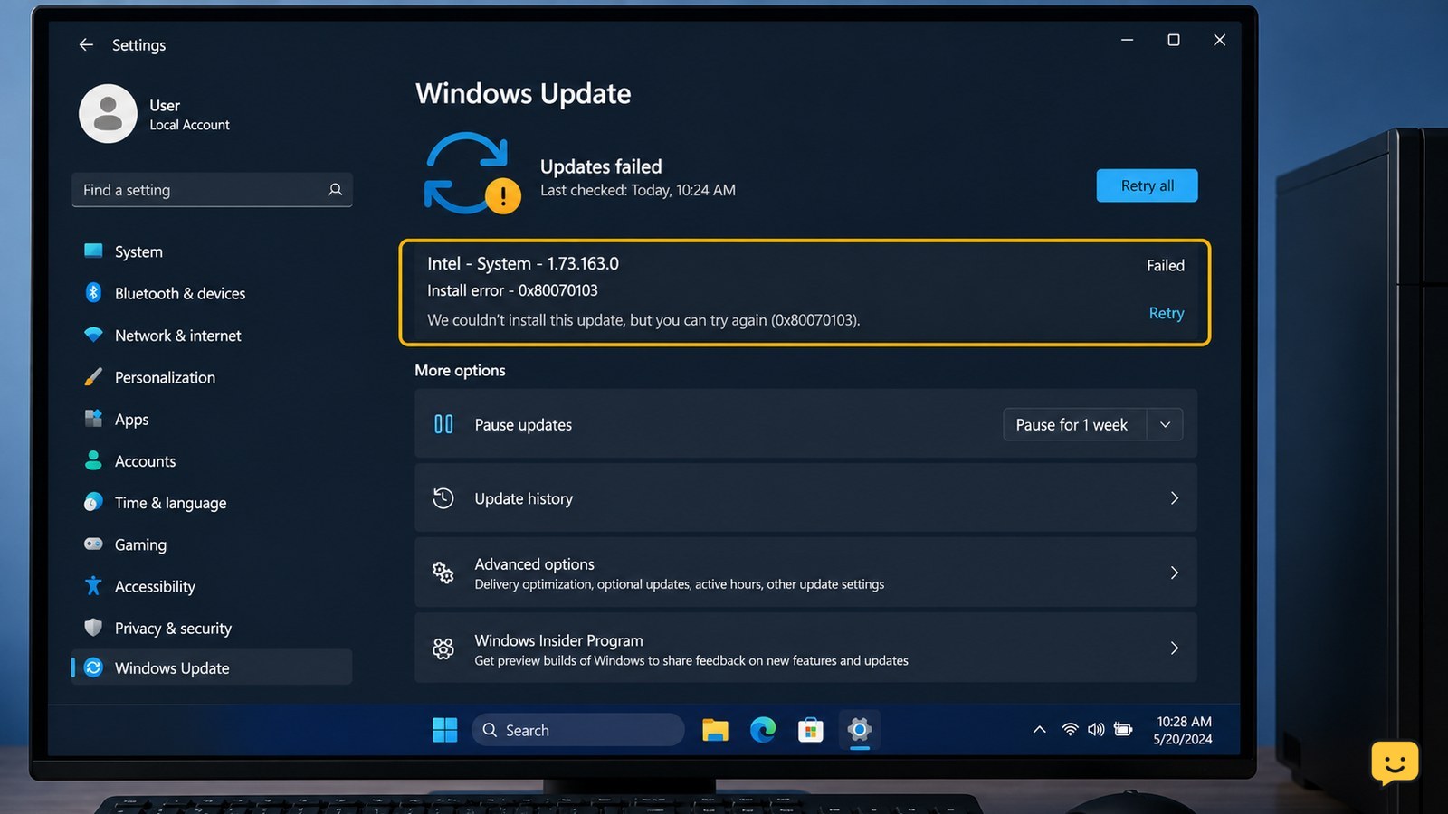 Windows Update page showing install error 0x80070103 for a driver update