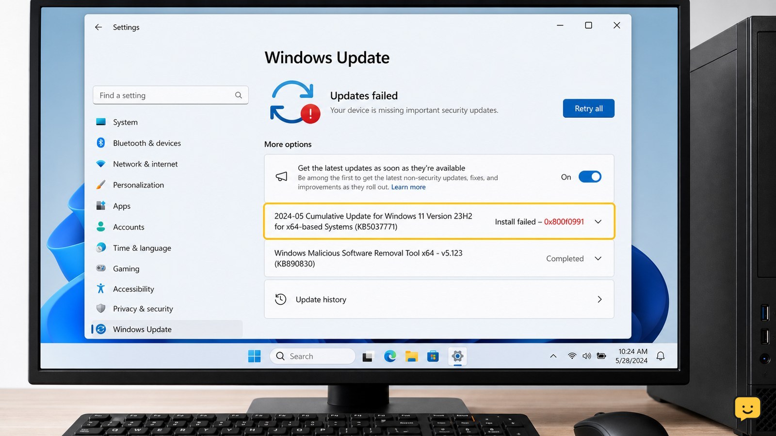 Windows 11 Windows Update page showing install error 0x800f0991